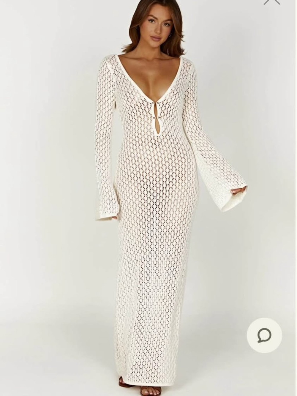 Meshki White Crochet Long Sleeve Maxi Dress
